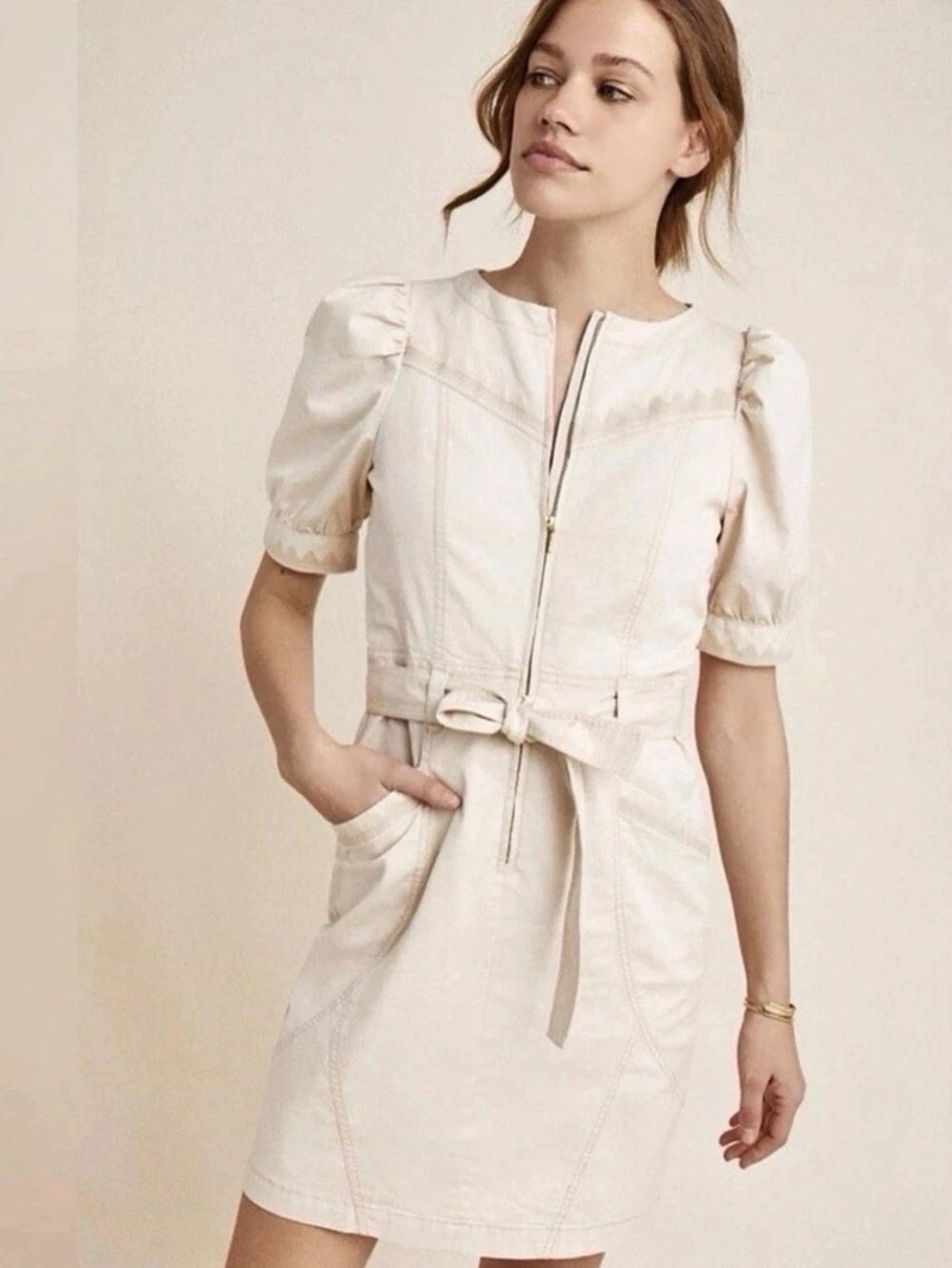 Anthropologie Lorette Seamed Mini Dress Size 2 Belted Beige Denim Embroidered